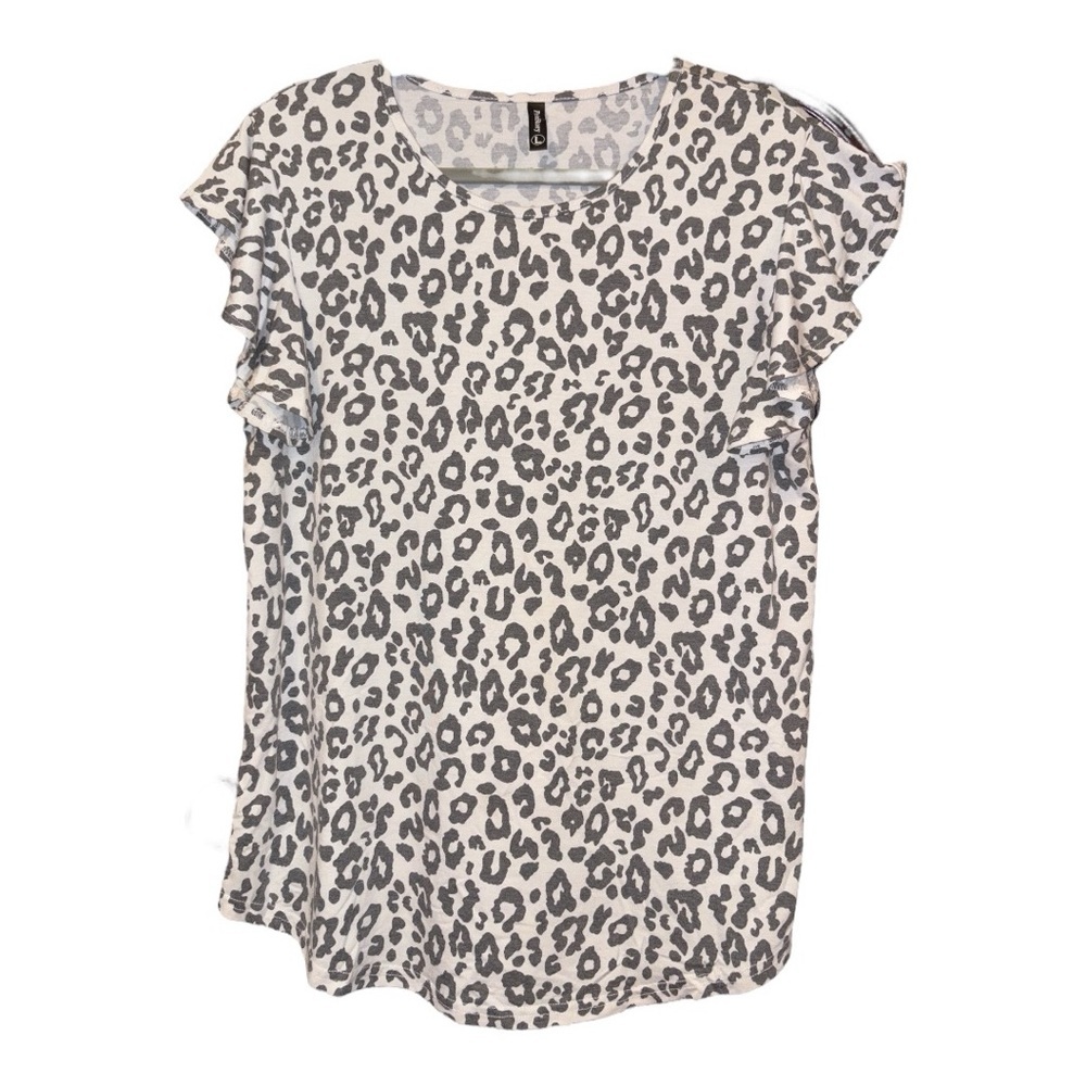 PrinStory White & Gray Leopard Print Ruffle Short Sleeve Shirt GUC Size L BB12